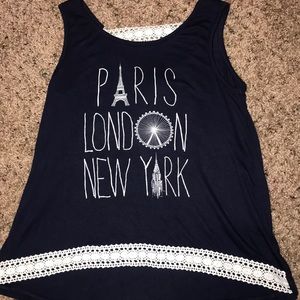 Navy blue tank with white lace detail
